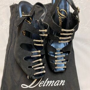 Delman Black Suede Heels with Silver Detailing